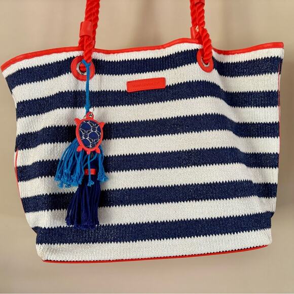 Vera Bradley Navy and White Stripe Large Tote Bag with Turtle Charm / Keychain - Picture 4 of 12